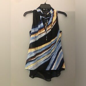 White House Black Market Size XS Sleeveless Tie Neckline Black Blue Cream Shirt